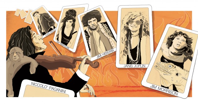 paganini-music-rock-rock-is-dead-morrison-joplin-hendrix-winehouse-tenco-leggende-mistero-illustrazione-watercolors-illustrations-acquerello-corriere-della-sera-la-lettura-fabio-delvo-delvox
