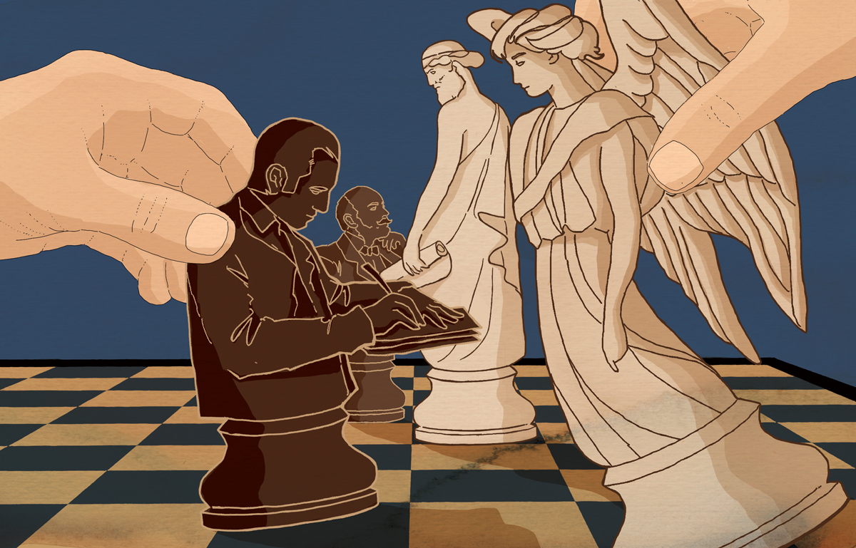 storici-narratori-umberto-eco-filosofia-narrativa-figli-padri-sulle-spalle-dei-giganti-scacchi-angelo-illustrazione-watercolors-illustrations-acquerello-corriere-della-sera-la-lettura-fabio-delvo-delvox