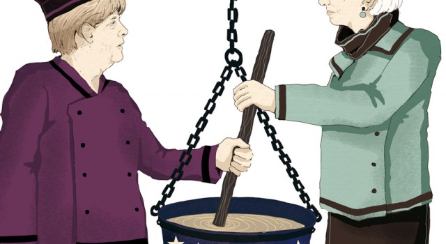 merkel-lagarde-sfida-europa-scelte-crescita-eurozona-politica-la-stampa-newspaper-editoriale-fabio-delvo-delvox-conceptual-illustrations-illustrazioni-concettuali-concettuale-publishing